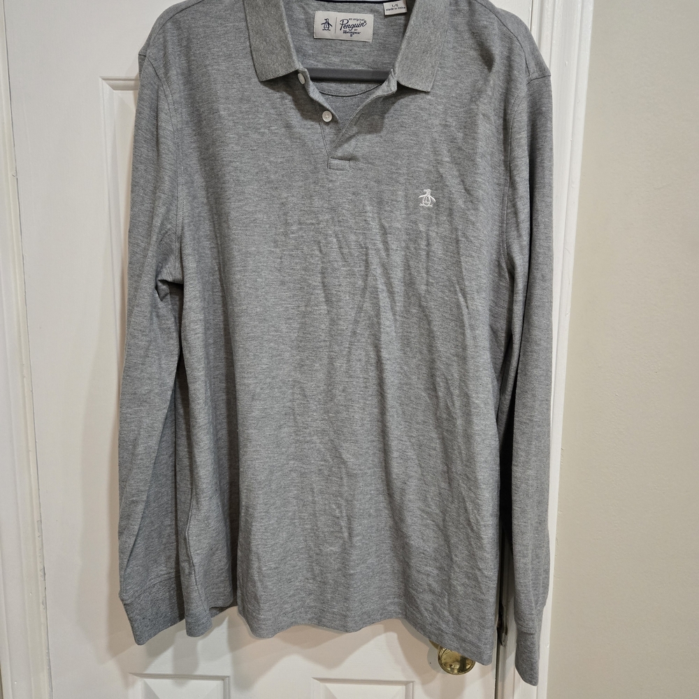 Original Penguin Men's Gray Long Sleeve Polo Shirt_Size Large